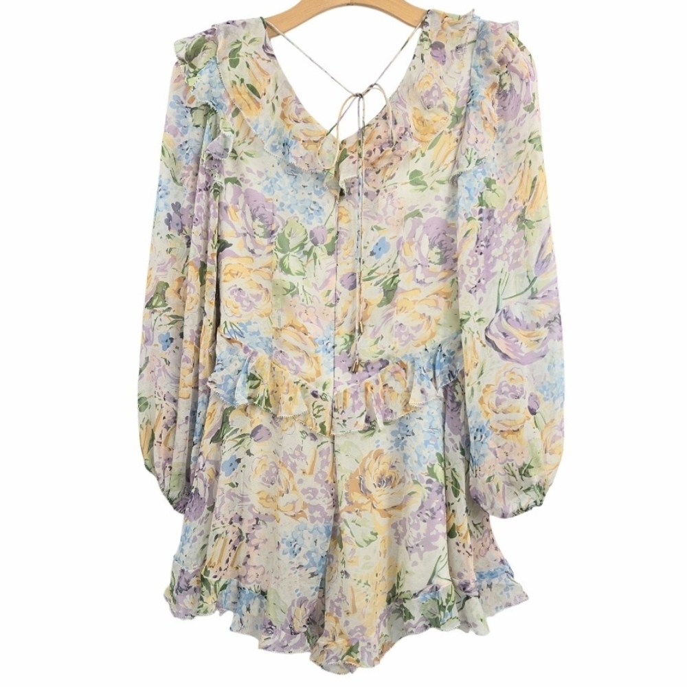 Zimmerman Playsuit Ninty Six‎ Cream Floral Silk Ruffle - Picture 12 of 16